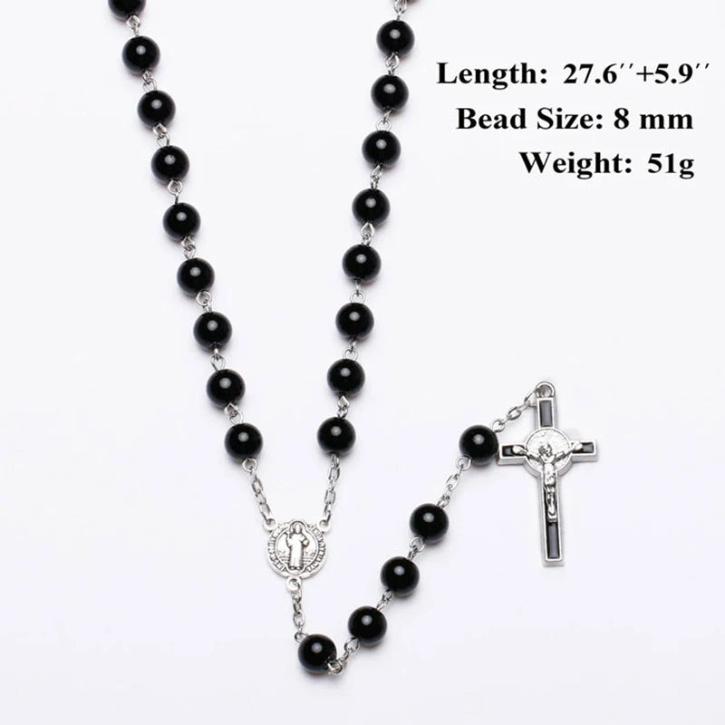 Catholic Black Rosary Beads Necklace – Long Cross Pendant Religious Jewelry for Men & Women - Image 3