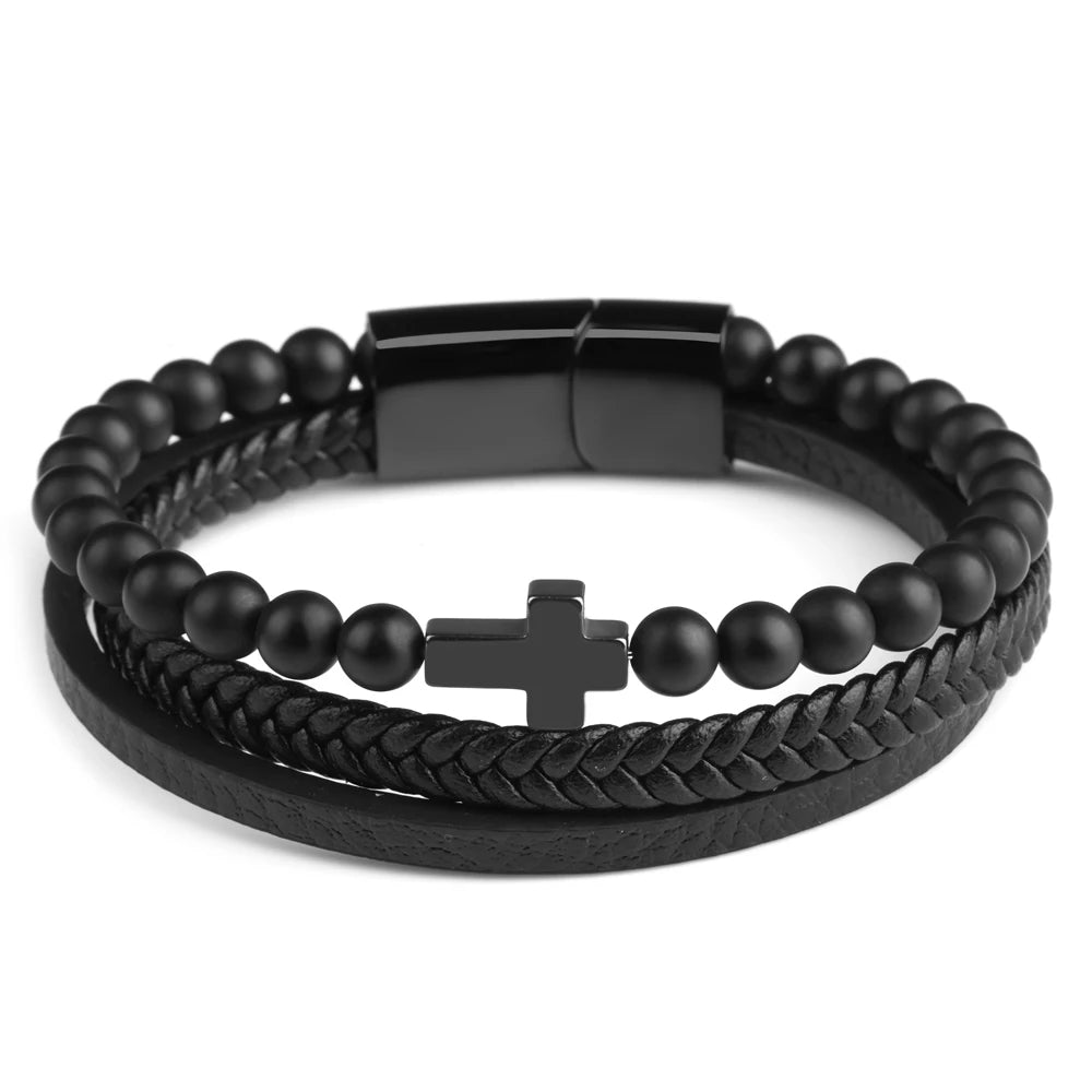 Natural Stone Beads Cross Bracelet On Hand Genuine Leather Braided Stainless Steel Magnetic Clasp Bangles For Men Jewelry Gift - Image 10