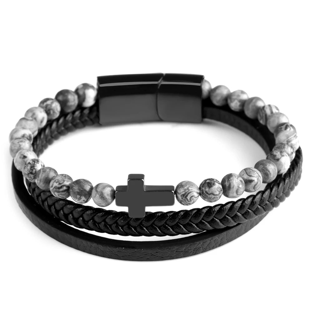 Natural Stone Beads Cross Bracelet On Hand Genuine Leather Braided Stainless Steel Magnetic Clasp Bangles For Men Jewelry Gift - Image 7