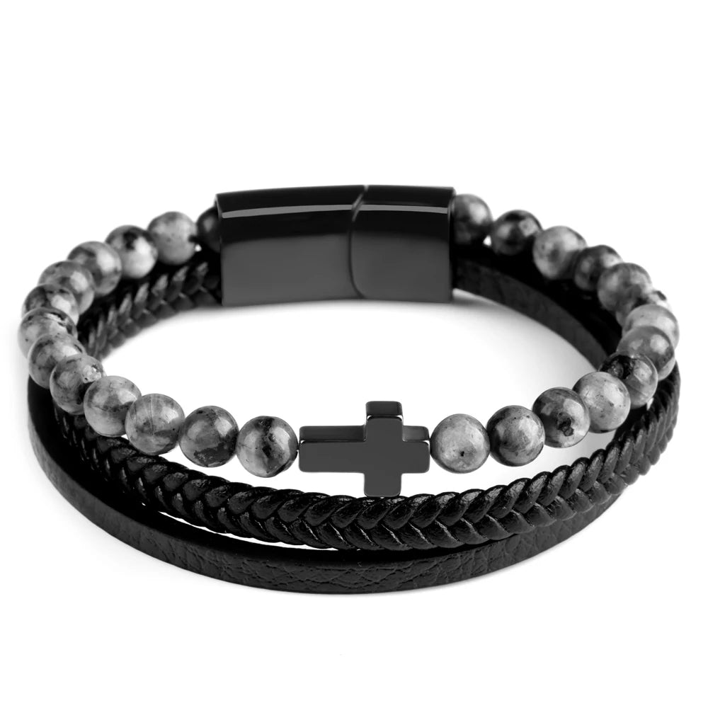 Natural Stone Beads Cross Bracelet On Hand Genuine Leather Braided Stainless Steel Magnetic Clasp Bangles For Men Jewelry Gift - Image 8