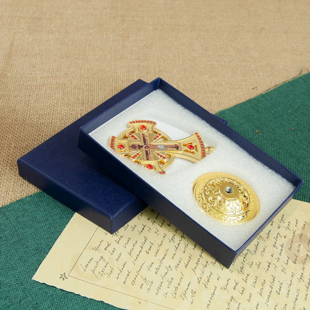 HT Religious Orthodox Crucifix Cross – Jesus Icon Metal Statue with Red Gemstones for Church, Home, or Car Decor - Image 2