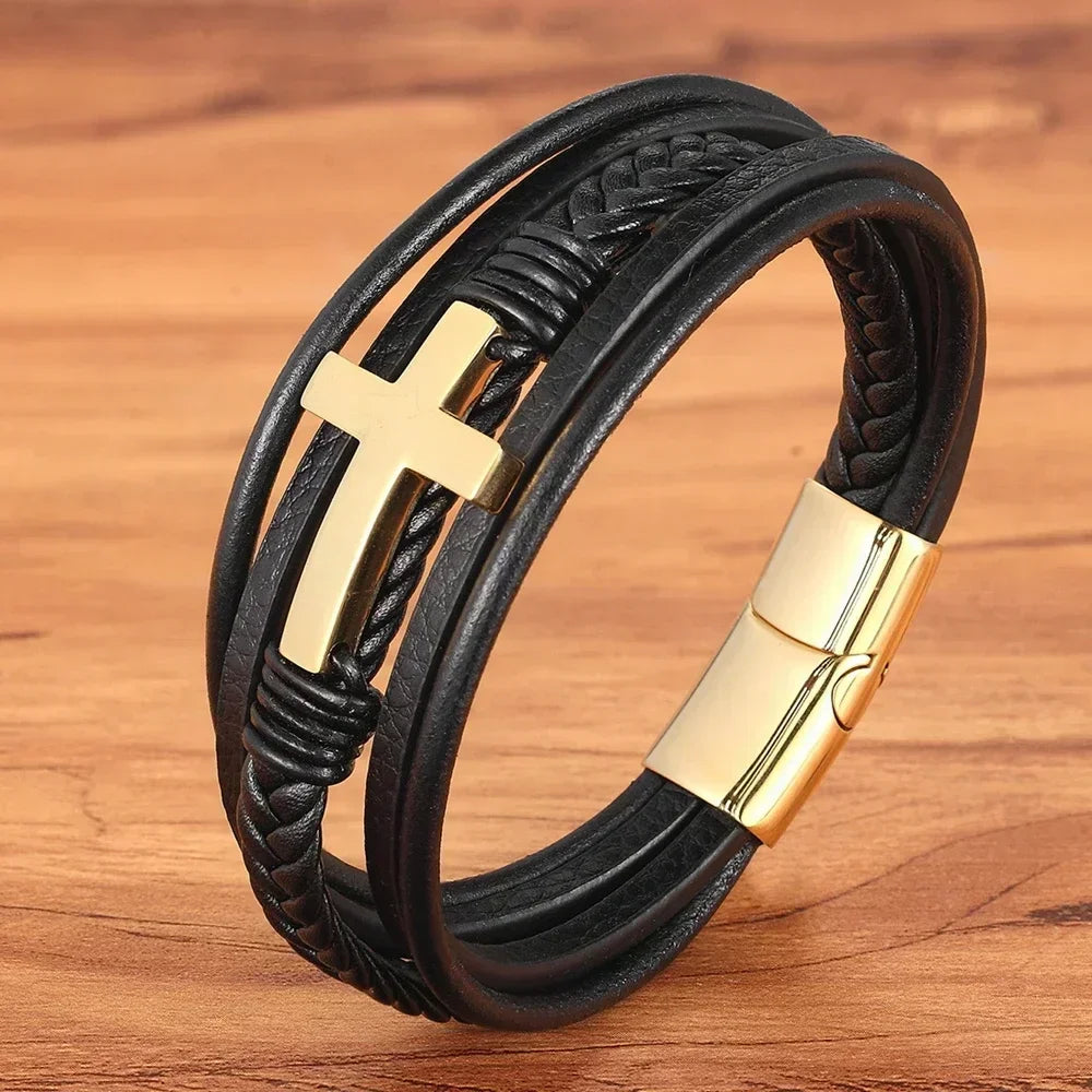 2024 Luxury Multicolor Cross Leather Bracelet – Classic Stainless Steel Design for Men - Image 7