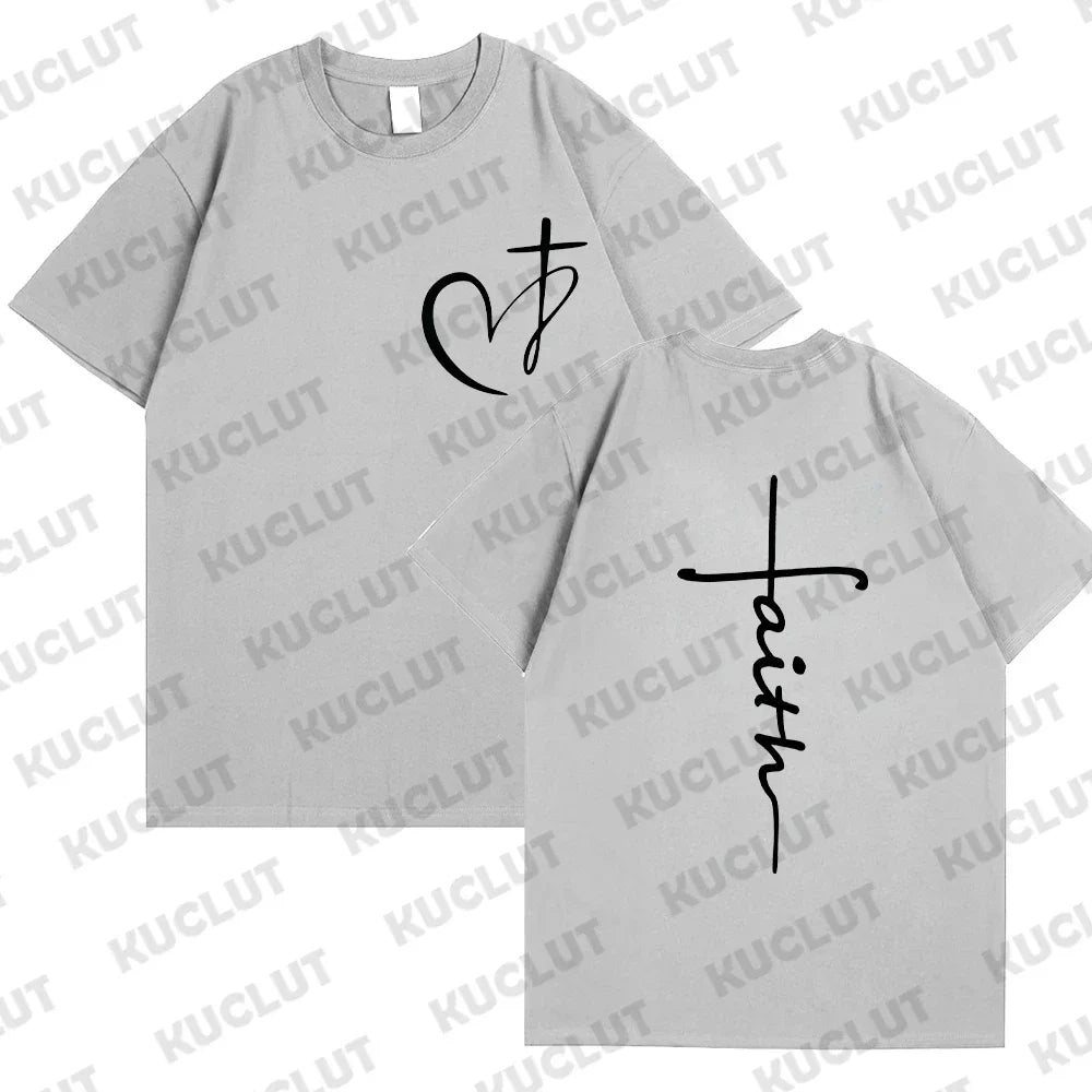 Heart Cross Print Christian T-Shirt - Image 19