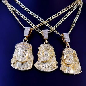Hip Hop Punk Style Jesus Head Pendant Necklace – Gold Plated Figaro Chain for Men & Women