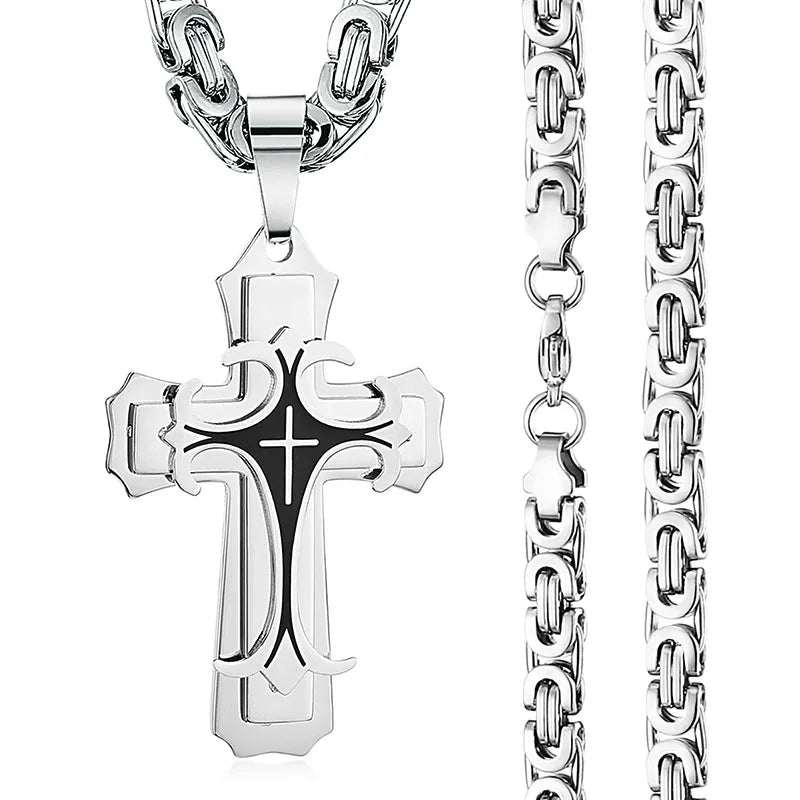 Male Vintage Christian Trinity Latin Cross Necklace - Image 4
