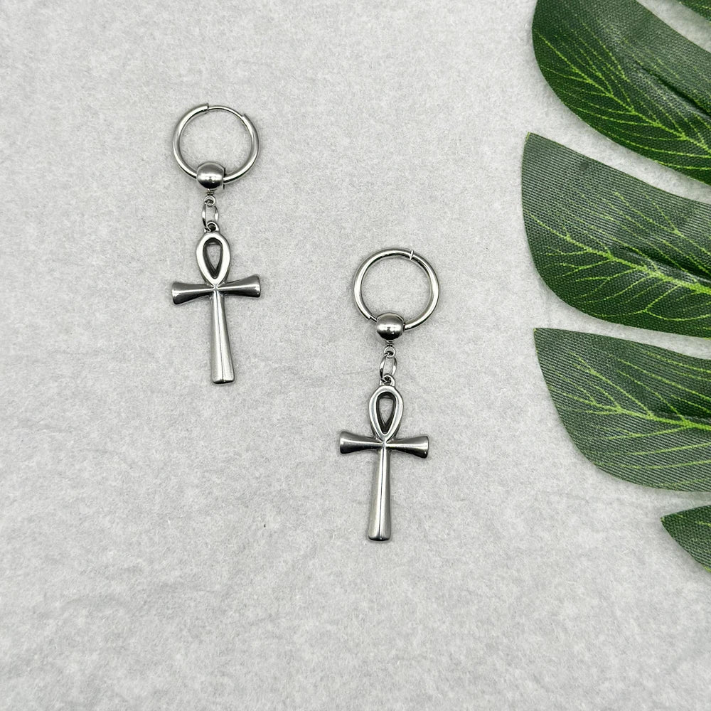 Egyptian Ankh Cross Drop Hoop Earrings - Image 2