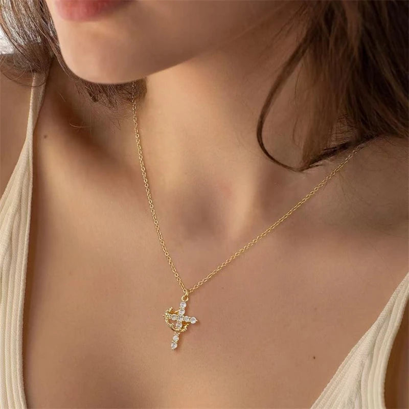 Exquisite Zircon Cross Pendant Necklace – Rotatable Crown Design for Women - Image 2