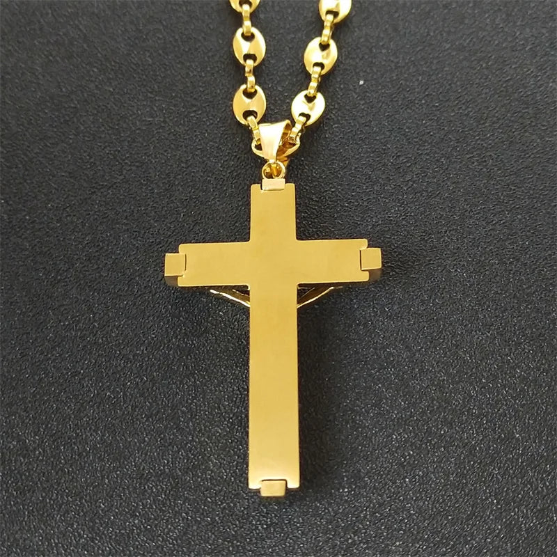Jesus Cross Crucifix Pendant Necklace – Gold Stainless Steel Christian Jewelry for Men - Image 3