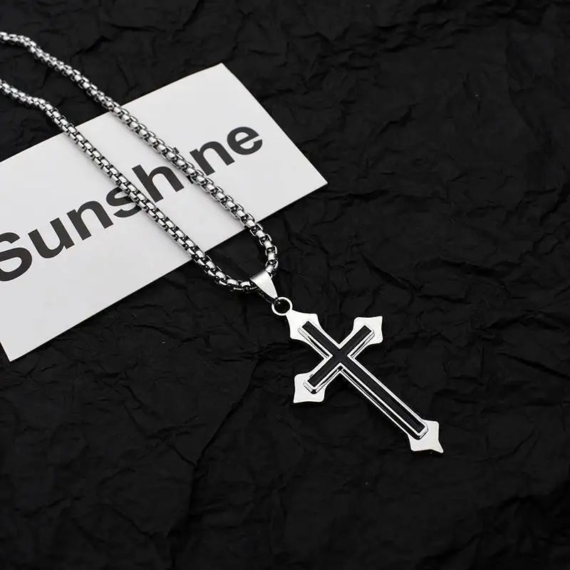 Minimalist Black Oil Drop Cross Necklace – Silver Color Stainless Steel Chain, Unisex Hip-Hop Punk Jewelry - Image 2