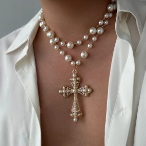 IngeSight.Z Elegant Pearl Choker & Jesus Cross Necklace