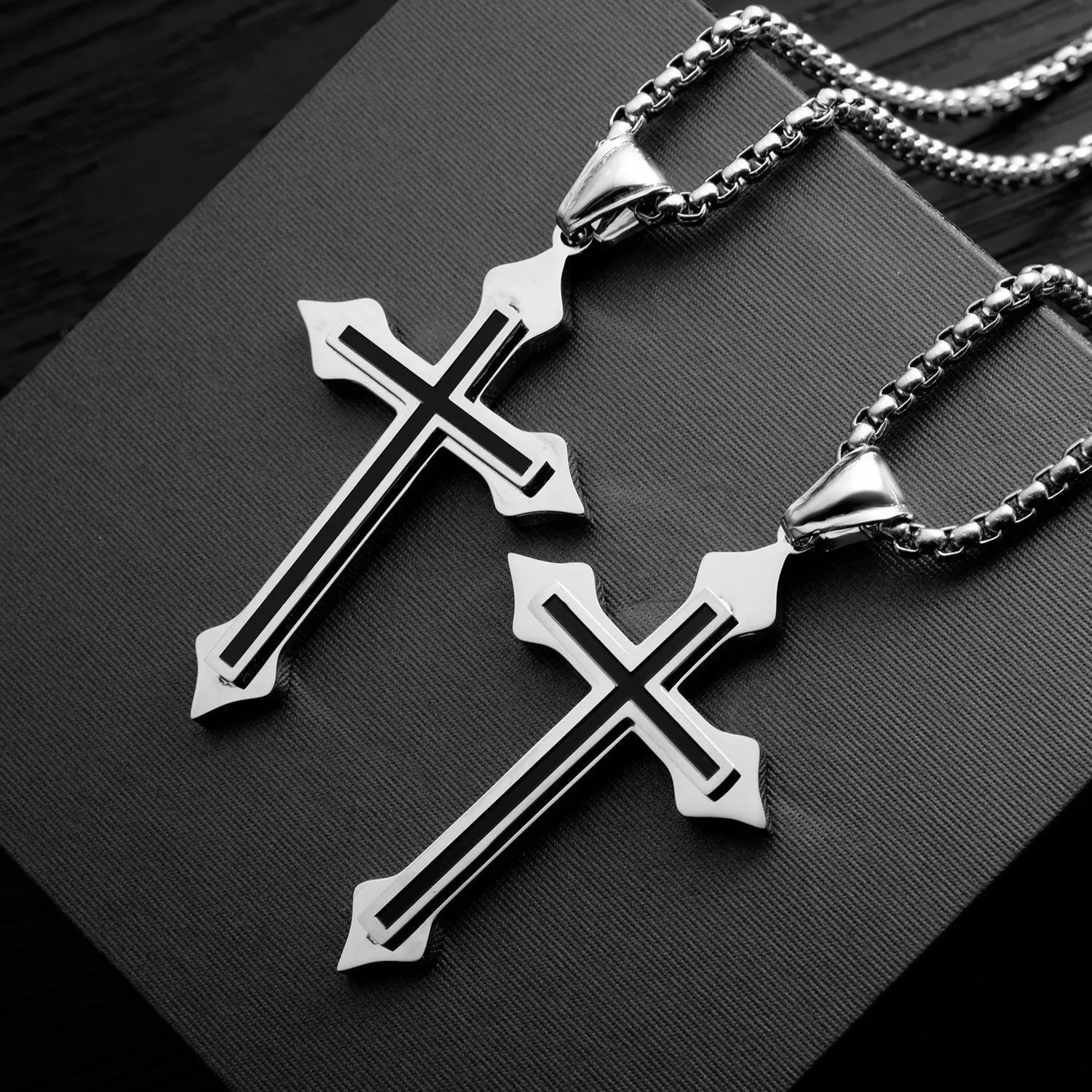 Minimalist Black Oil Drop Cross Necklace – Silver Color Stainless Steel Chain, Unisex Hip-Hop Punk Jewelry