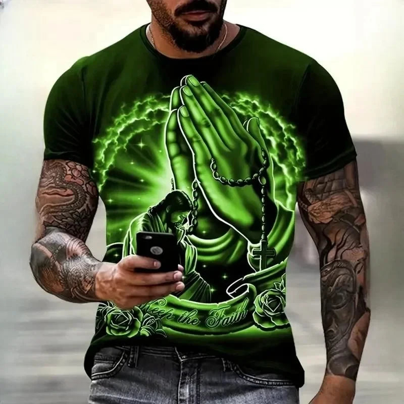 3D Jesus Print Pray T-Shirt – Christian Fashion Oversized Tee for Men - Image 6