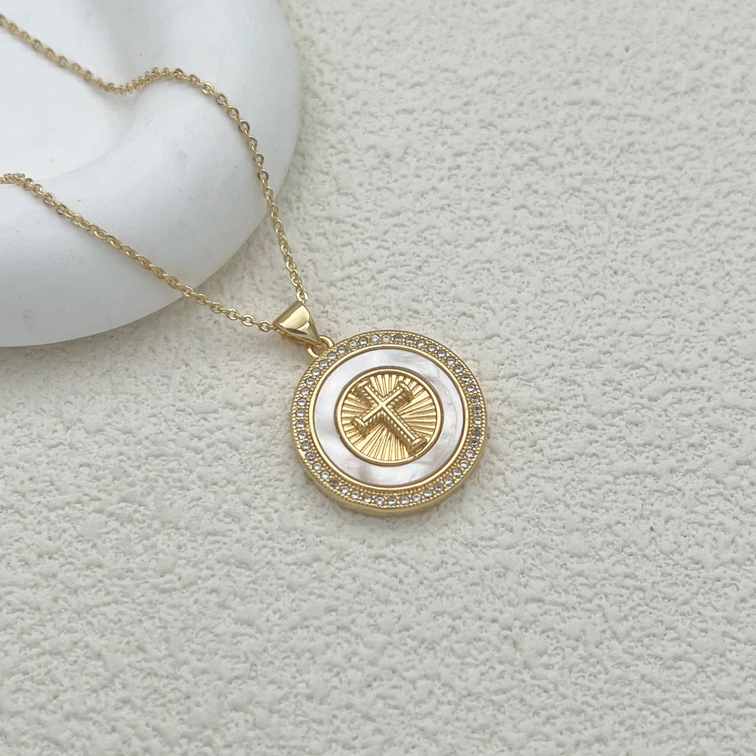 Catholic Jesus Cross Necklace – Gold Plated Copper with Saint Benedict, Virgin Mary & Zircon Details - Image 6