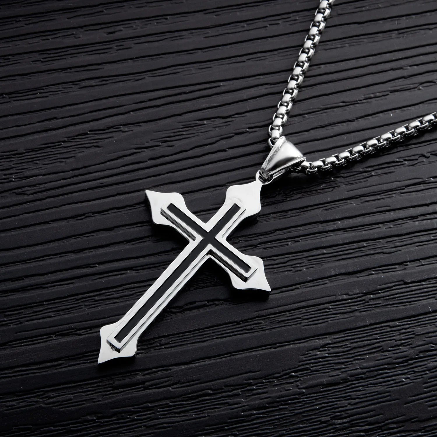 Minimalist Black Oil Drop Cross Necklace – Silver Color Stainless Steel Chain, Unisex Hip-Hop Punk Jewelry - Image 2