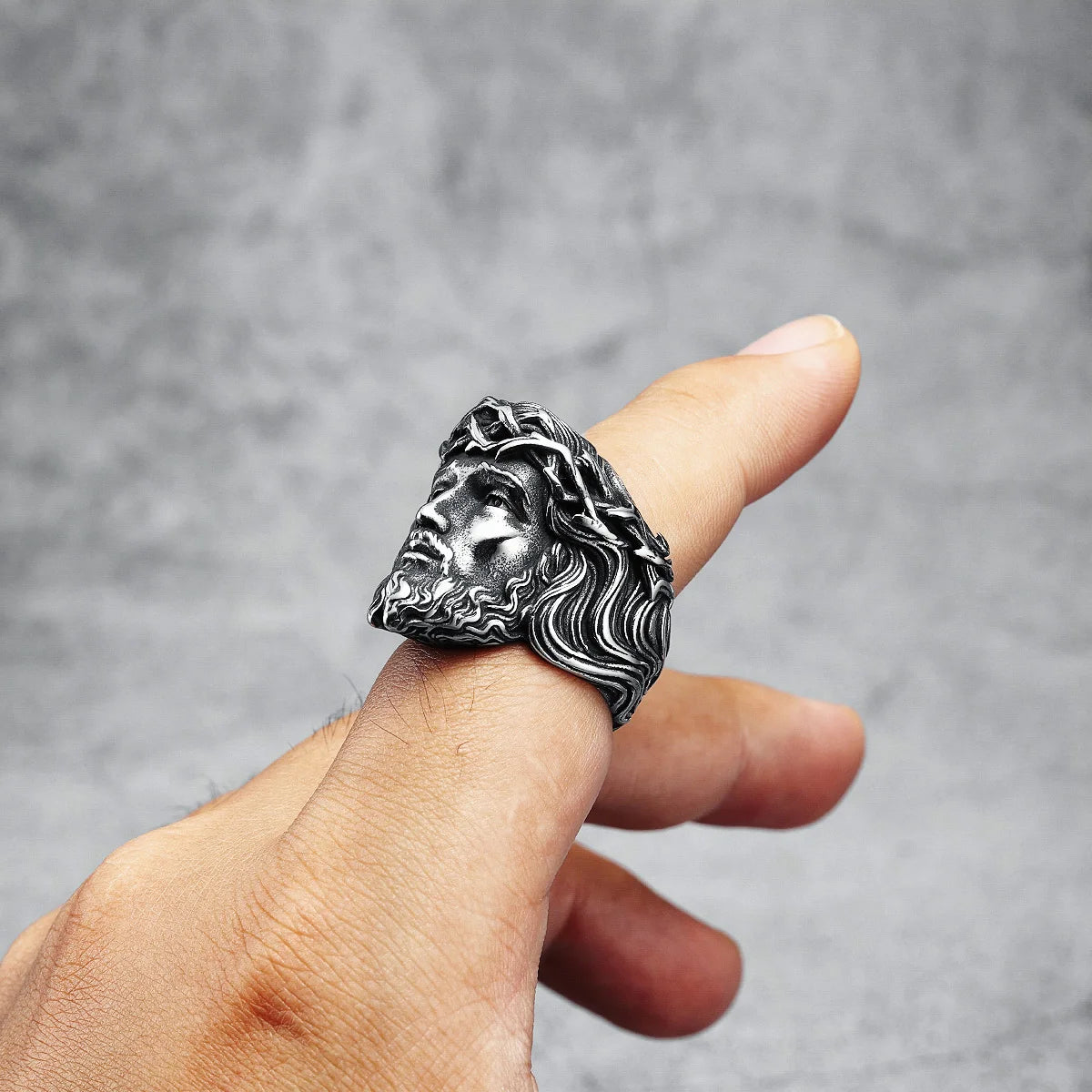 316L Stainless Steel Jesus Face Ring – Christian Men's Punk Rock Jewelry - Image 3