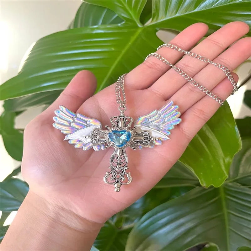 Gothic Wings Cross Pendant Necklace – Y2K Heart Crystal Choker Punk Charm for Women - Image 4