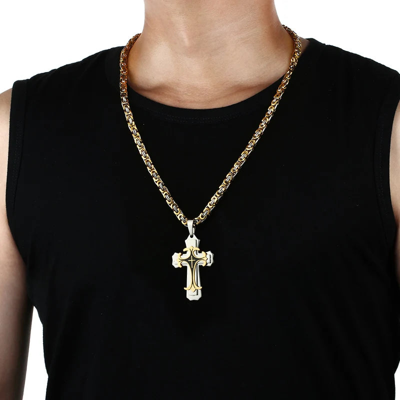 Male Vintage Christian Trinity Latin Cross Necklace - Image 2