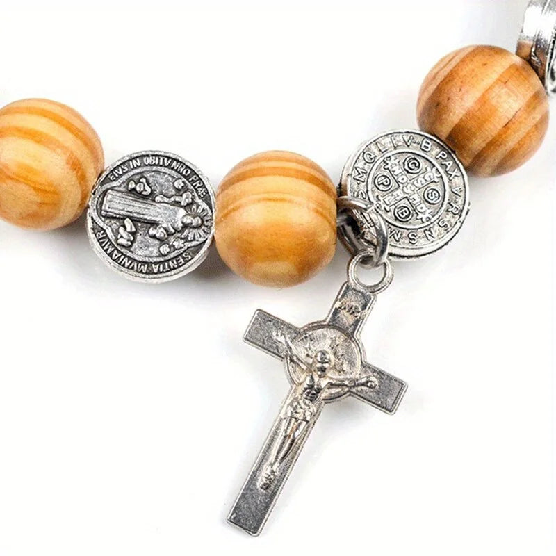 Natural Solid Wood Rosary Bracelet – Elastic Religious Pulsera R-372 for Men & Women - Image 3