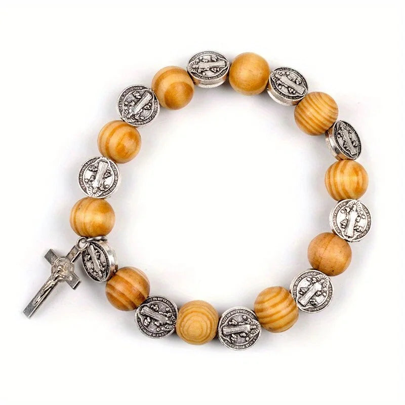 Natural Solid Wood Rosary Bracelet – Elastic Religious Pulsera R-372 for Men & Women - Image 4