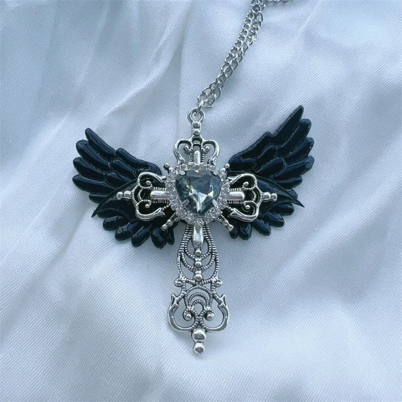 Gothic Wings Cross Pendant Necklace – Y2K Heart Crystal Choker Punk Charm for Women - Image 8