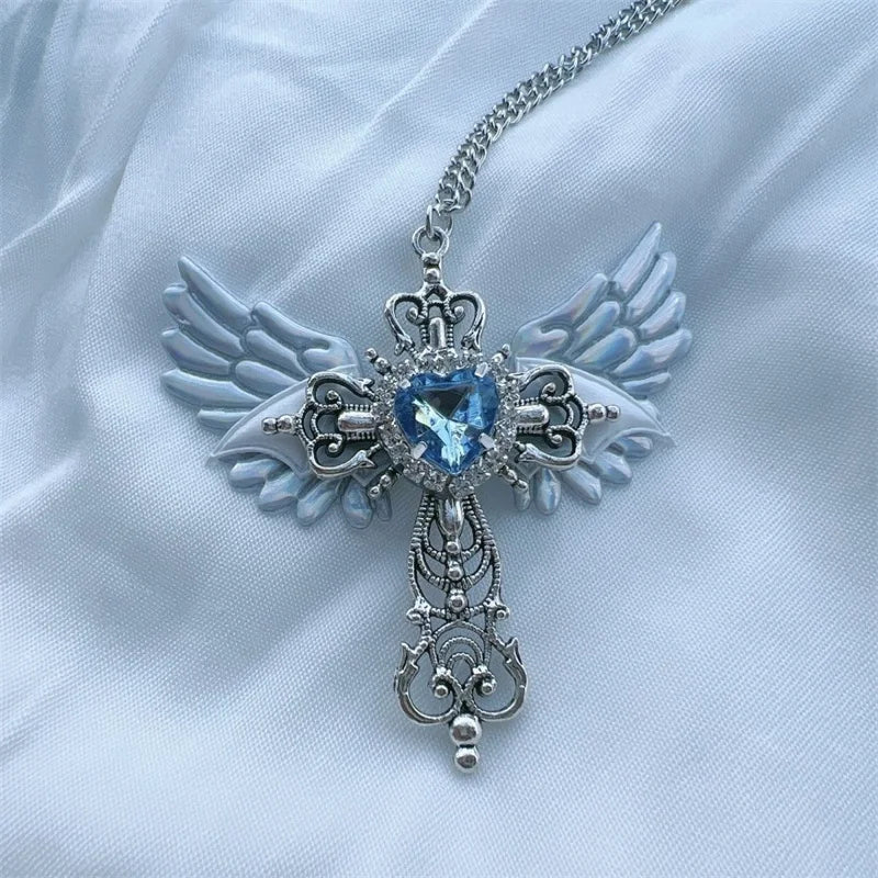 Gothic Wings Cross Pendant Necklace – Y2K Heart Crystal Choker Punk Charm for Women - Image 3