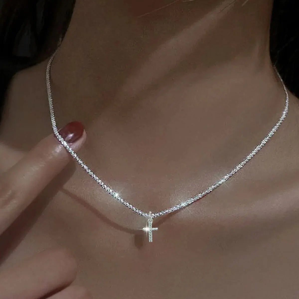 1 PC Simple Ins Cauliflower Chain Sparkling Cross Necklace