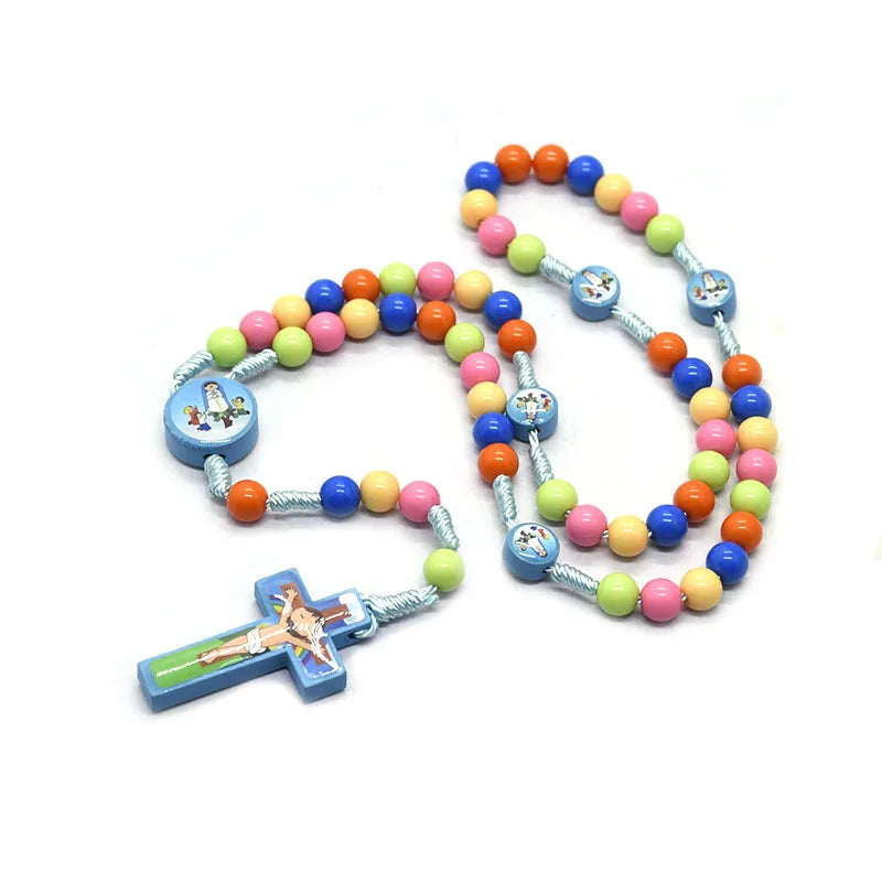 Children's Colored Plastic Beads Rosary Necklace – Wood Cross Pendant Catholic Prayer Ornament - Image 4