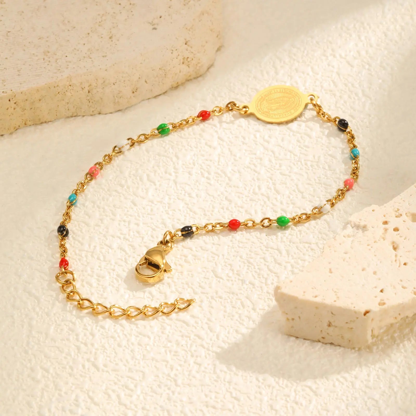 Bohemian Colored Bead Virgin Bracelets – Gold Stainless Steel Christian Jewelry for Women - Image 3