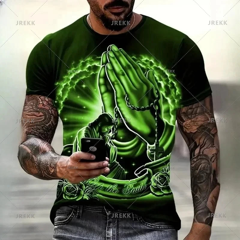 3D Jesus Print Pray T-Shirt – Christian Fashion Oversized Tee for Men - Image 7