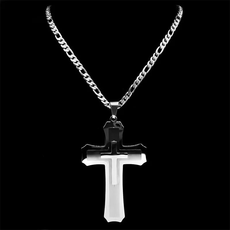 Big Jesus Christian Cross Pendant Necklace – Stainless Steel Figaro Chain for Men & Women - Image 2