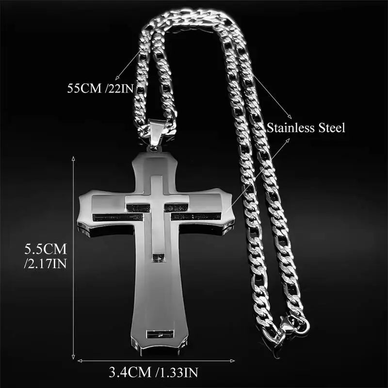 Big Jesus Christian Cross Pendant Necklace – Stainless Steel Figaro Chain for Men & Women - Image 6