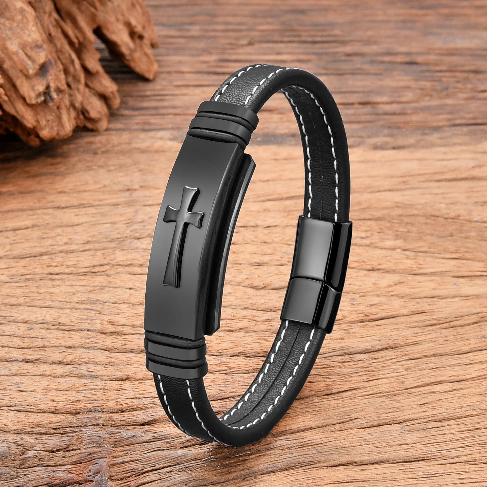 Black Gold Plated Cross Stainless Steel Bracelet – Men's Leather Punk Chain Jewelry