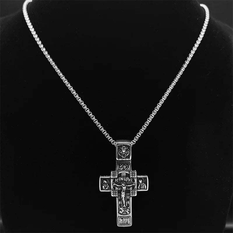 Men's Russian Eastern Orthodox Jesus Cross Pendant Necklace – Stainless Steel Crucifix Baptism Prayer Jewelry - Image 2